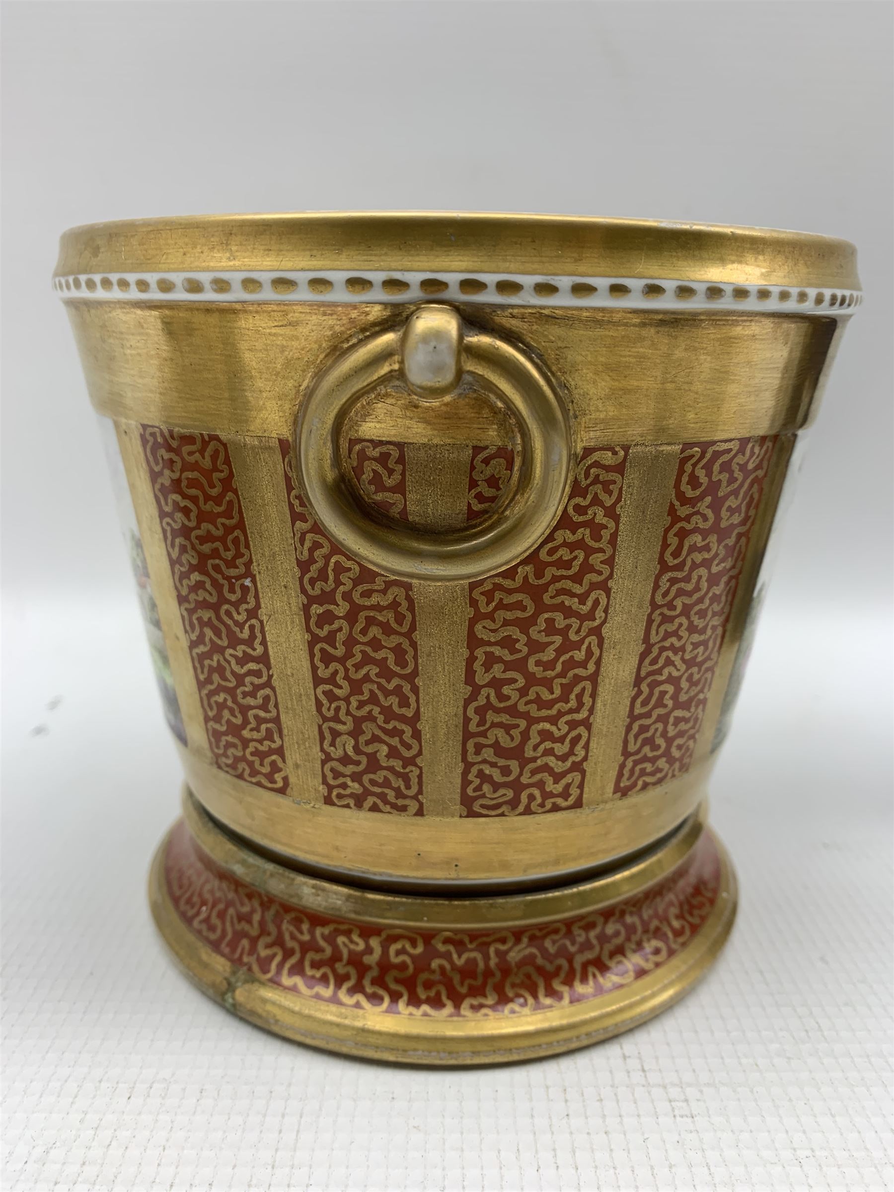 Early 19th century cachepot decorated with gilt ring handles on red ground with gilt seaweed and two - Image 3 of 7