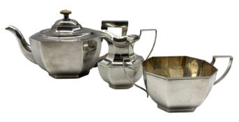 Silver three piece tea set of panel sided design Birmingham 1930/31 Maker Henry Clifford Davis 27oz