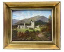 Rectangular porcelain panel hand painted with a view of Balmoral Castle