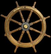 Large mahogany eight spoke ships wheel with brass banding D130cm