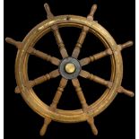 Large mahogany eight spoke ships wheel with brass banding D130cm