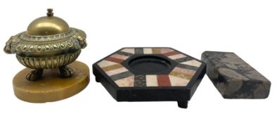 19th century Ashbourne marble hexagonal inkstand with centre recess and coloured marble segments W15