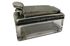 George III glass rectangular travelling inkwell with engraved hinged silver cover L7cm London 1819