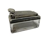 George III glass rectangular travelling inkwell with engraved hinged silver cover L7cm London 1819