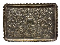 Late Victorian silver rectangular dressing table tray with embossed decoration and monogram 28cm x 1