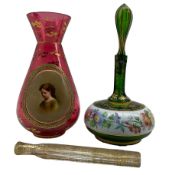 19th century Bohemian cranberry glass vase painted with a portrait of a young girl