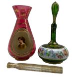 19th century Bohemian cranberry glass vase painted with a portrait of a young girl