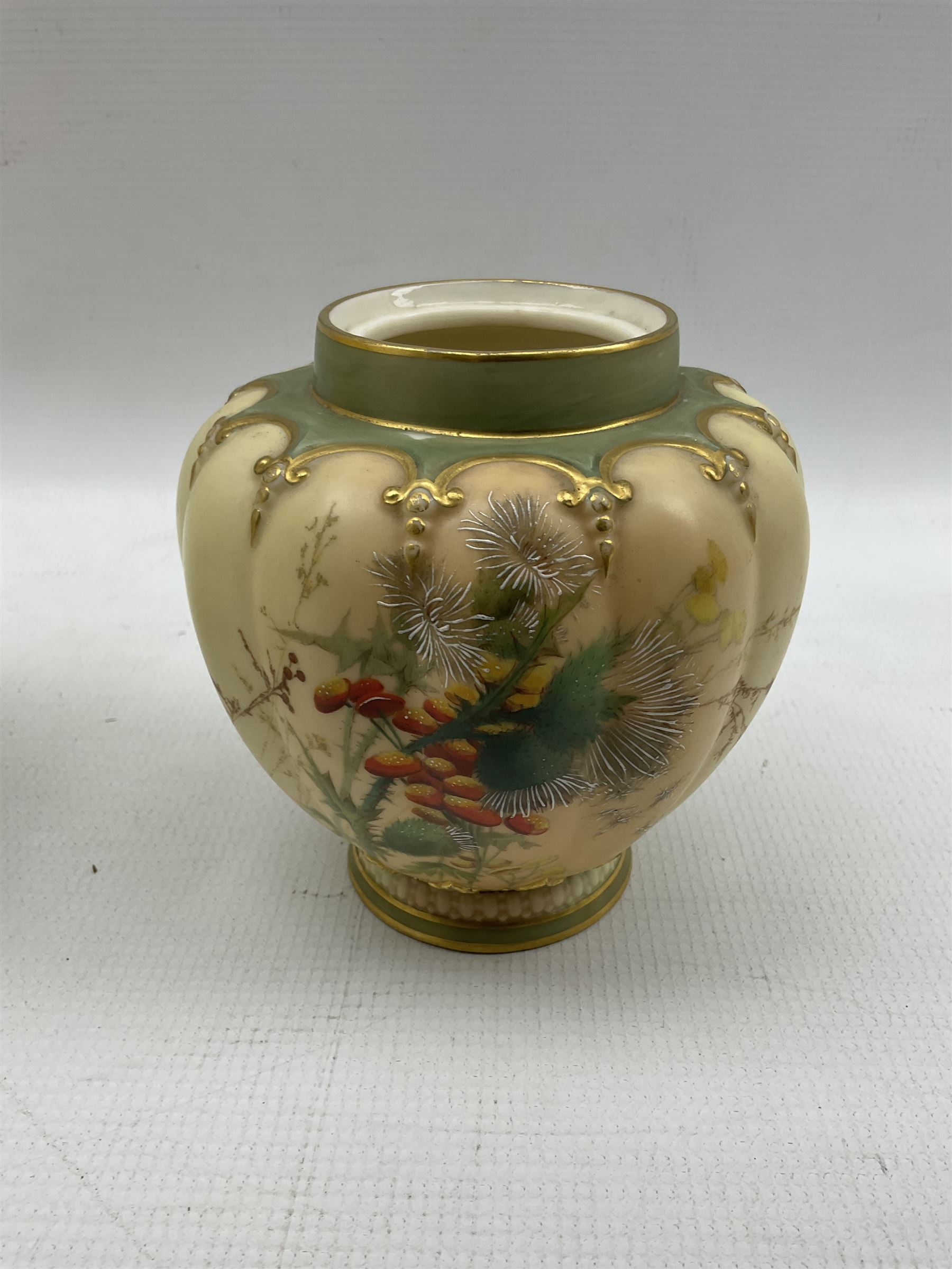 Three Royal Worcester blush ivory vases comprising a late 19th century twin-handled vase and cover - Image 6 of 7