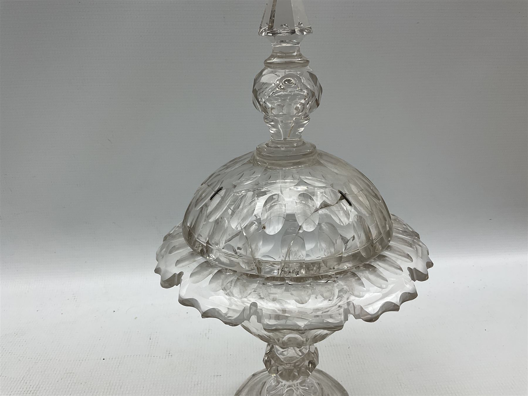 Pair of Victorian glass comports and covers with cut decoration on facet cut baluster stems H33cm - Image 3 of 4
