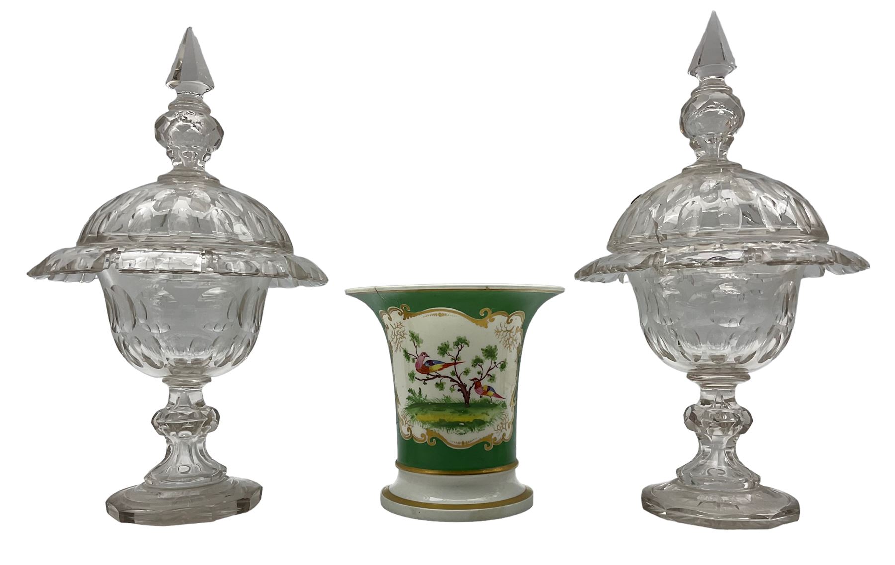 Pair of Victorian glass comports and covers with cut decoration on facet cut baluster stems H33cm