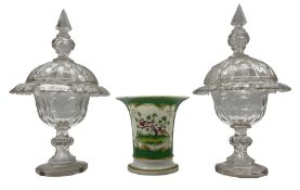Pair of Victorian glass comports and covers with cut decoration on facet cut baluster stems H33cm