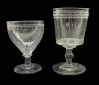 Early 19th century glass rummer with bucket shape bowl etched with initials and wrigglework border o