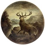 Large Victorian Copeland hand painted earthenware charger depicting a Stag on a hillside overlooking