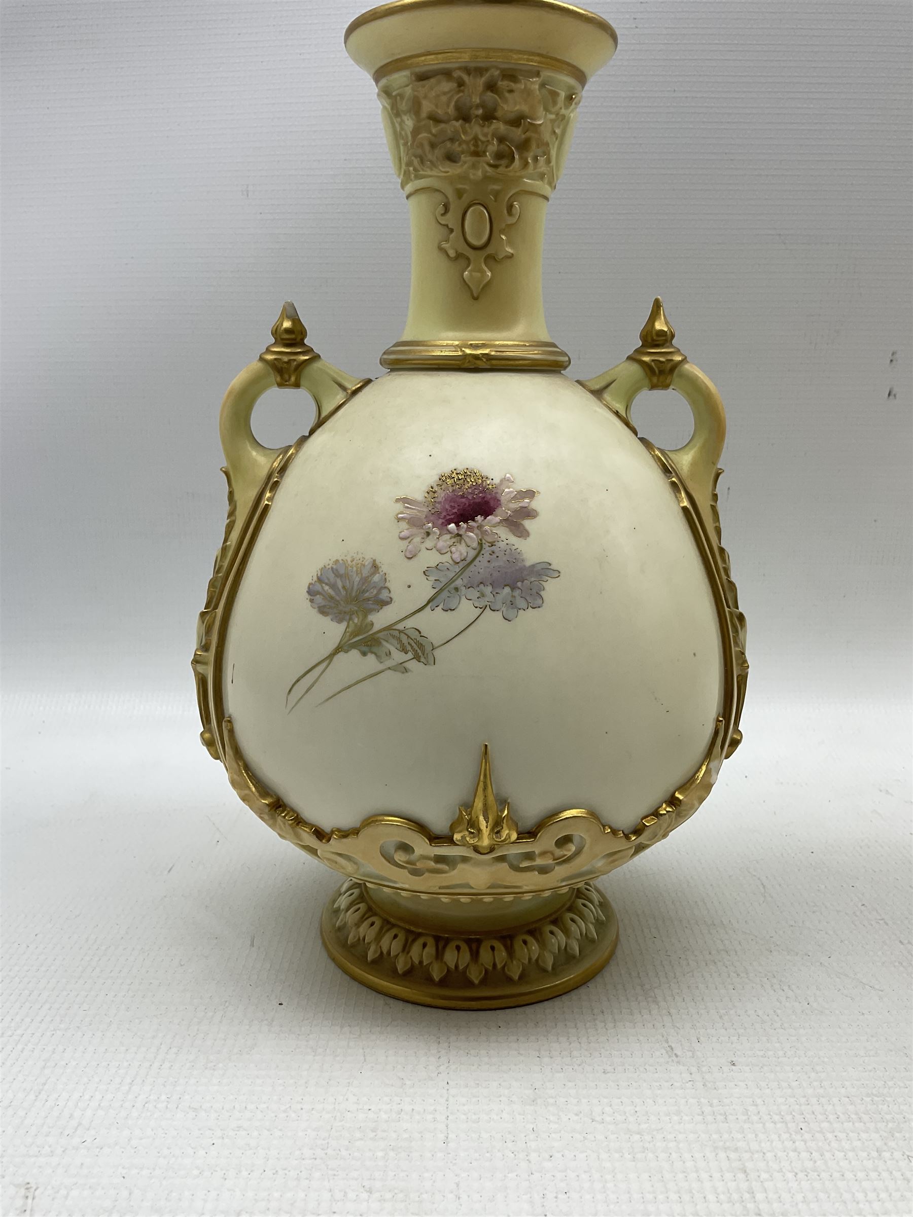 Three Royal Worcester blush ivory vases comprising a late 19th century twin-handled vase and cover - Image 3 of 7