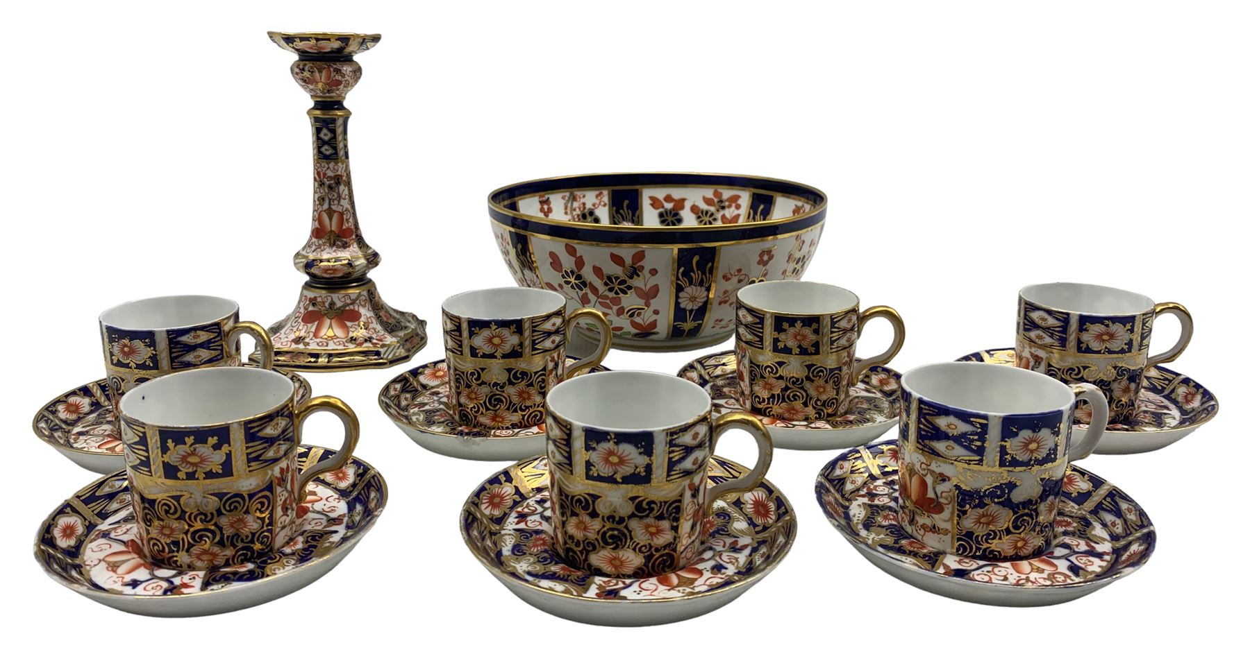 Seven Royal Crown Derby coffee cans and saucers in Imari pattern No2451