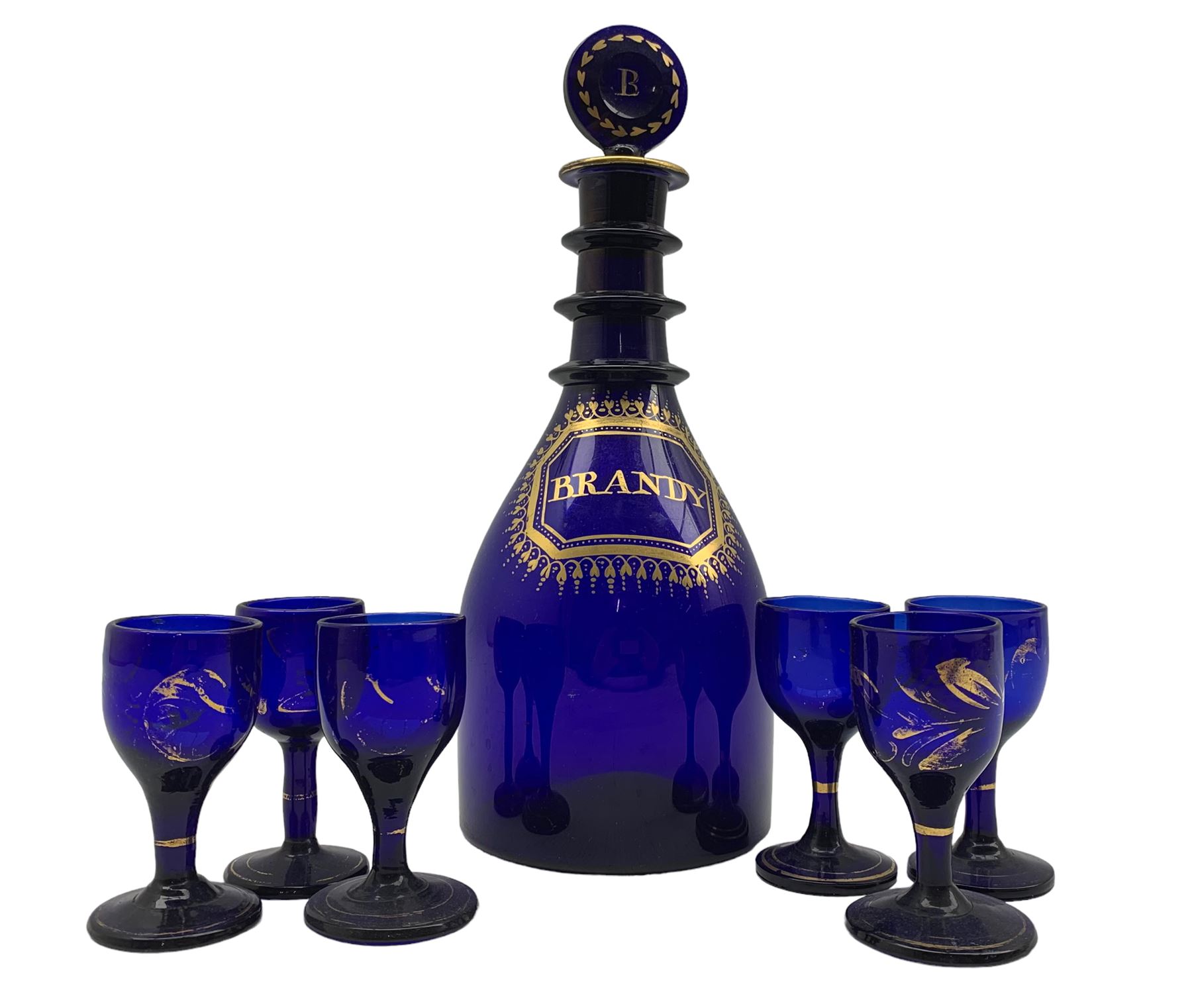 George III Bristol blue glass Brandy decanter with triple ring neck and gilt lettering and circular