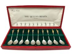 Set of ten silver and parcel gilt spoons 'The Queen's Beasts' commemorating the silver wedding anniv