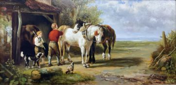 English School (20th century): Horses in Farmyard Stable