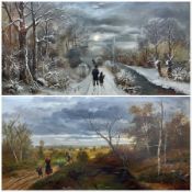 Charles Duval (French 19th century): Figures on a Winter Path and Figures by a River