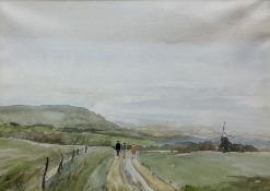 English School (20th century): Figures walking in a Landscape with Windmill