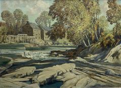 John Charles Moody (British 1884-1962): River Scene with Weir and House