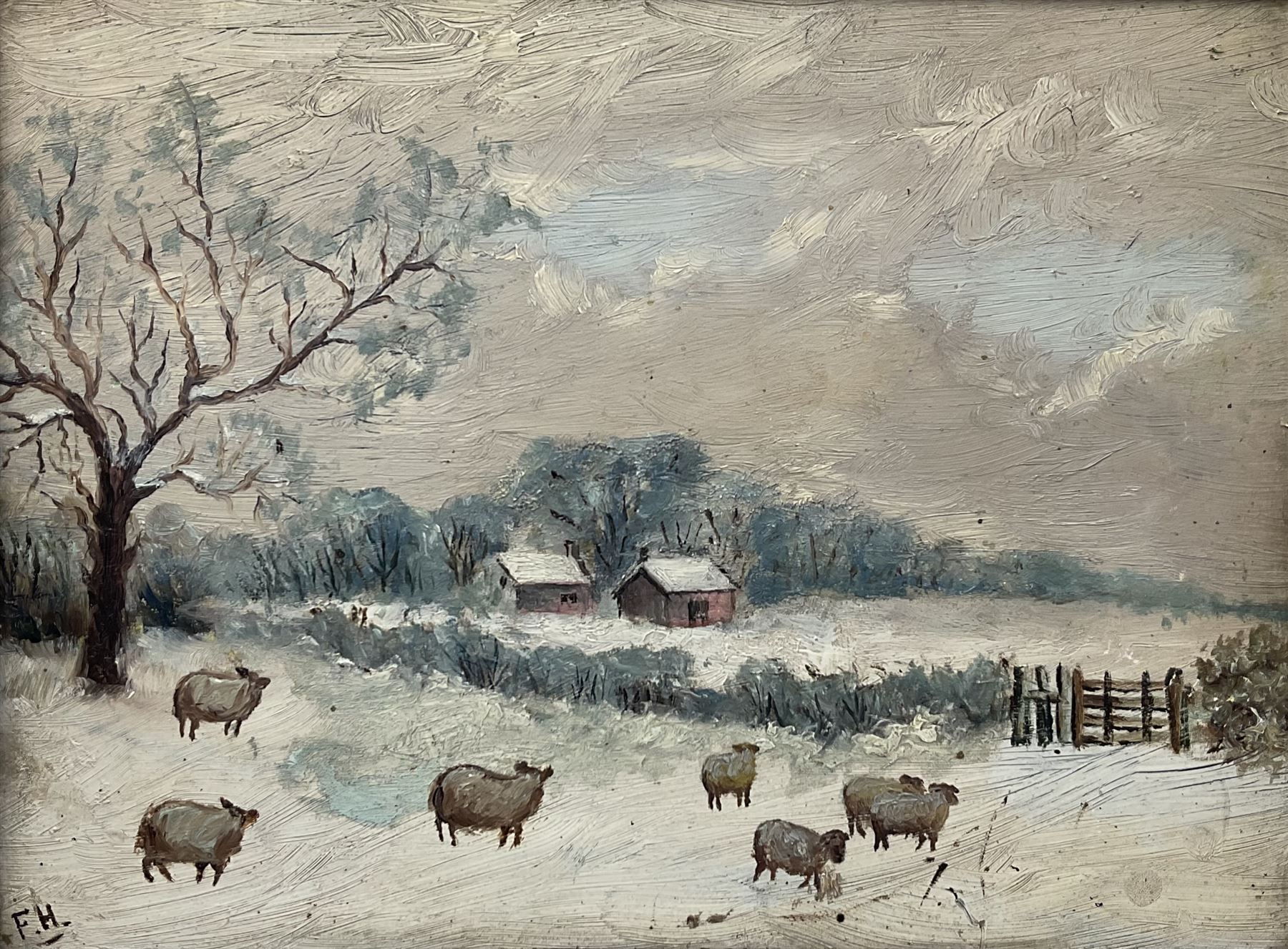 English Naive School (19th/20th century): Sheep in a Snowy Landscape