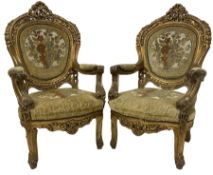 Pair mid-20th century gilt wood armchairs