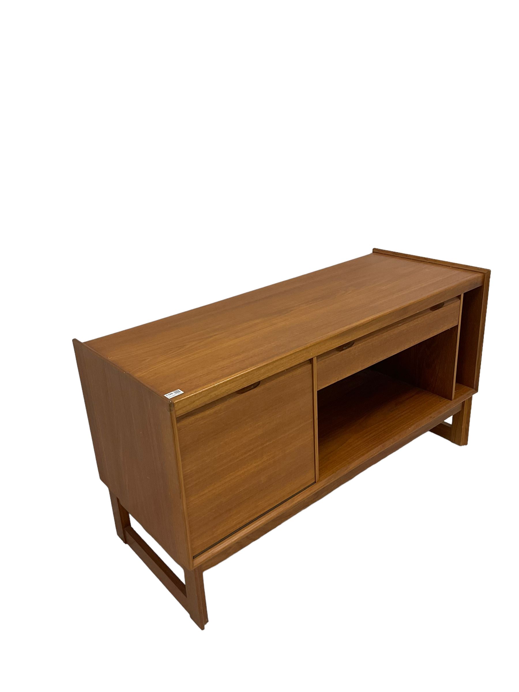 20th century teak record cabinet the rectangular top over one drawer and vinyl cupboard raised on sq - Image 5 of 5