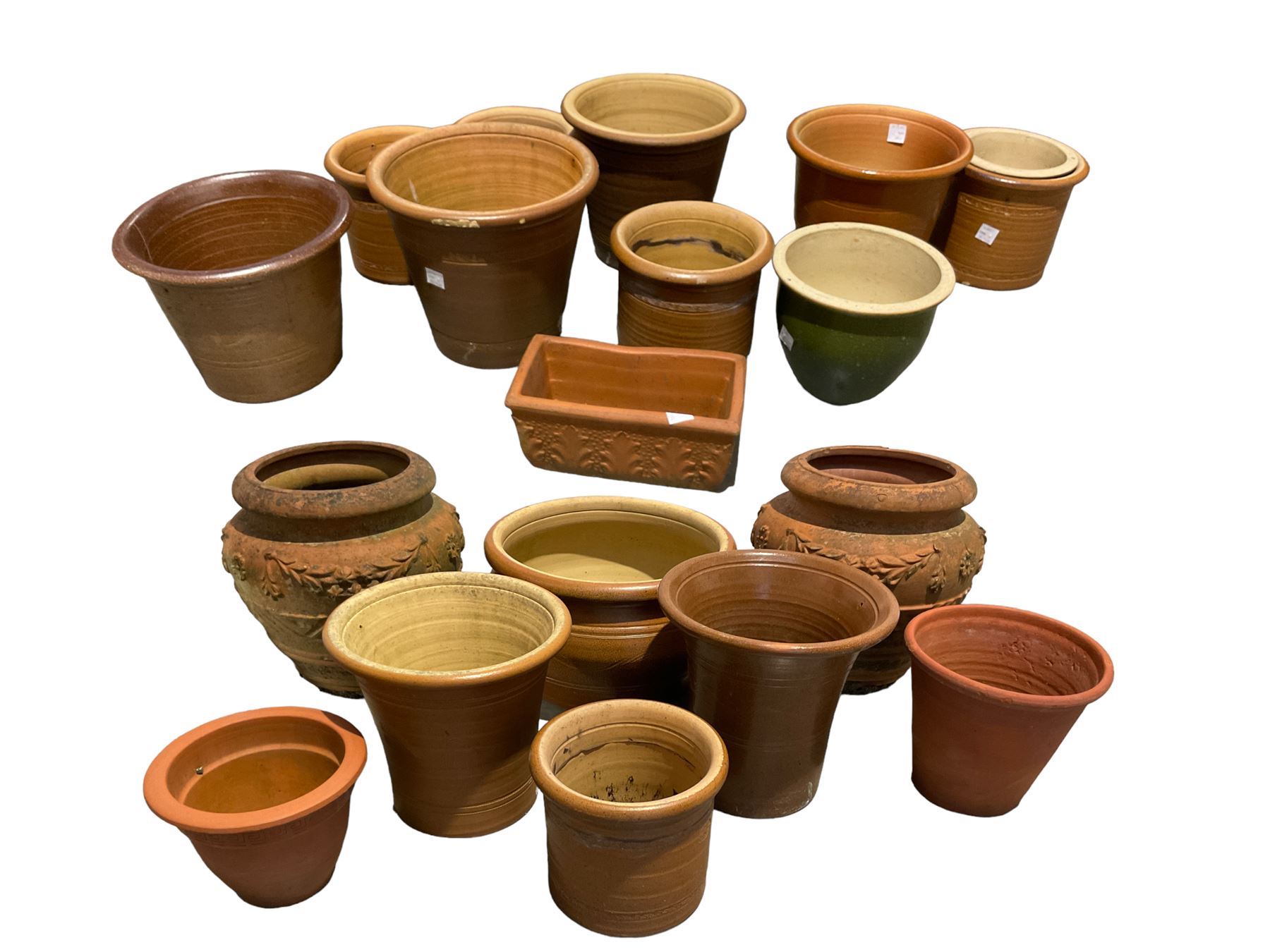 Collection of garden planters and plant pots - pair terracotta bowl shaped planters decorated with f - Image 2 of 3