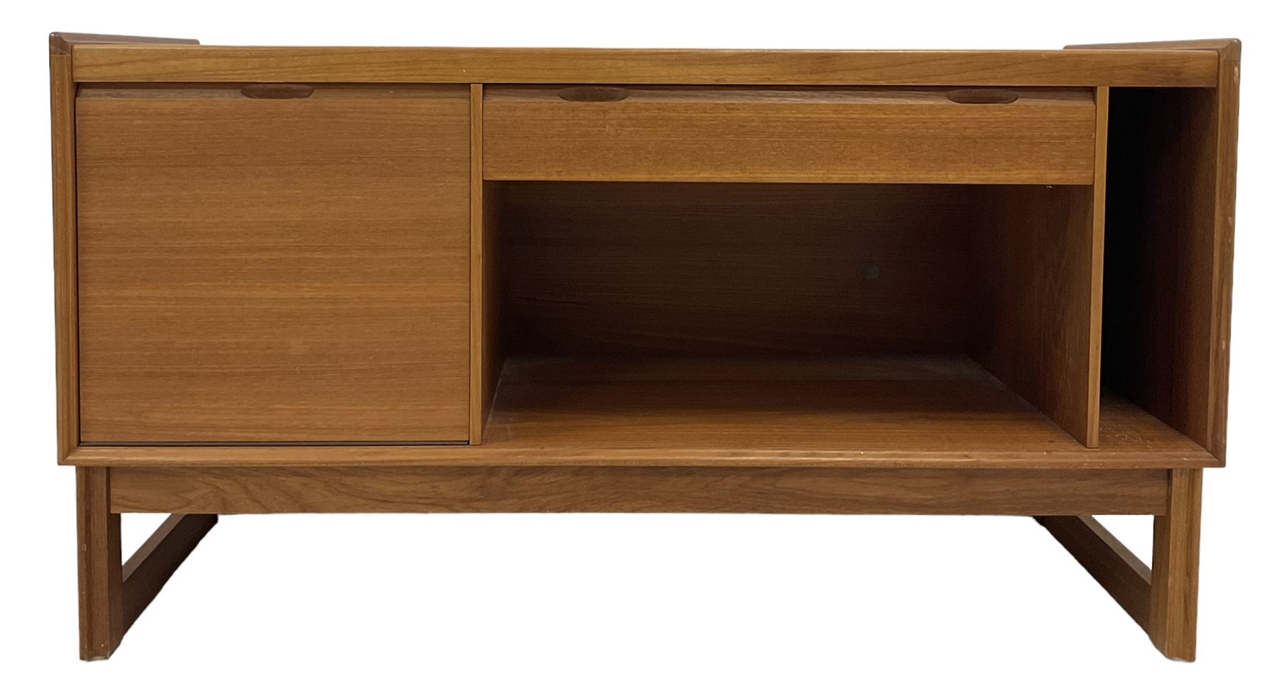 20th century teak record cabinet the rectangular top over one drawer and vinyl cupboard raised on sq