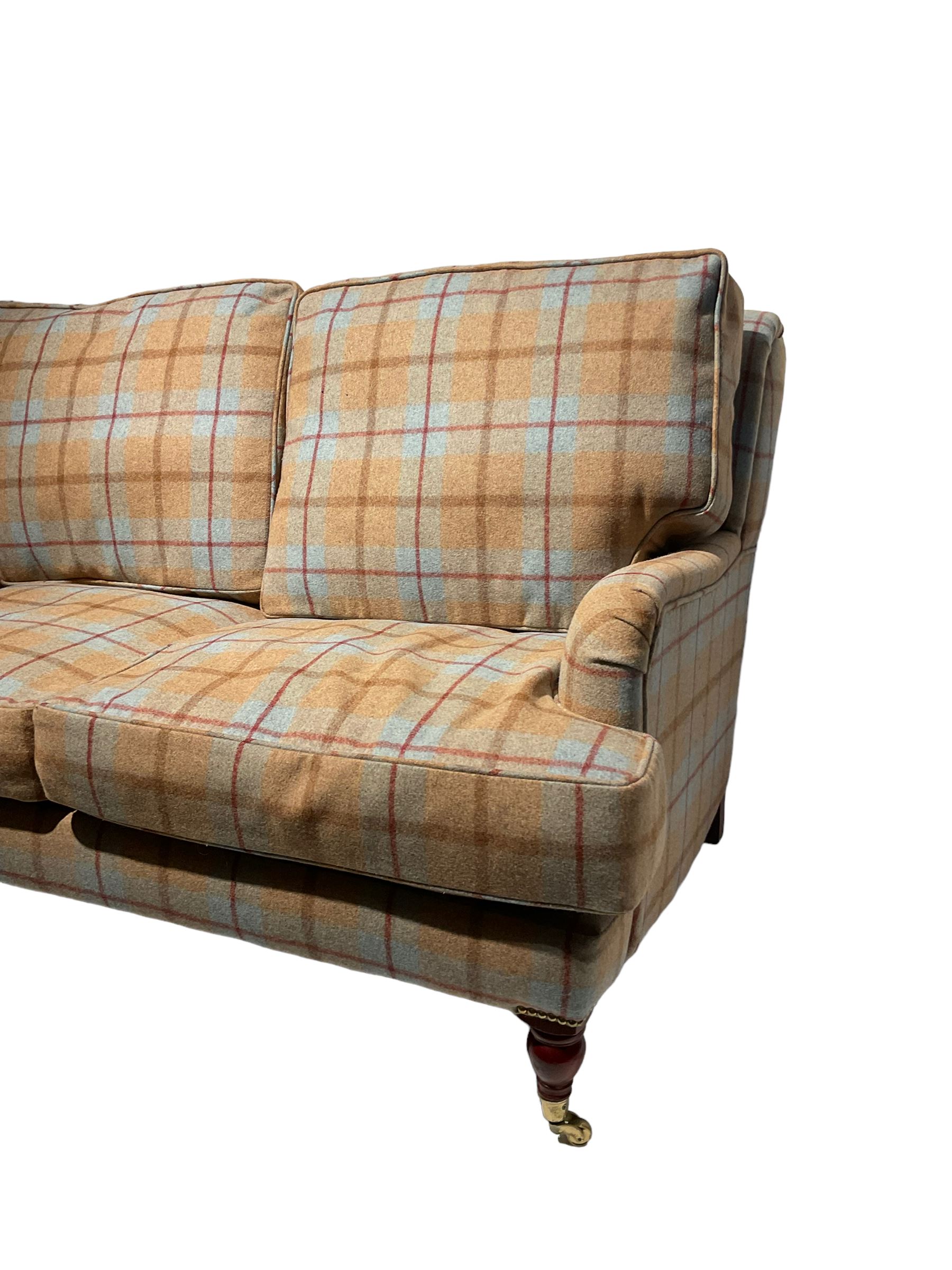 Howard design feather filled tartan pattern two seat sofa on Victorian style turned legs with castor - Image 2 of 5