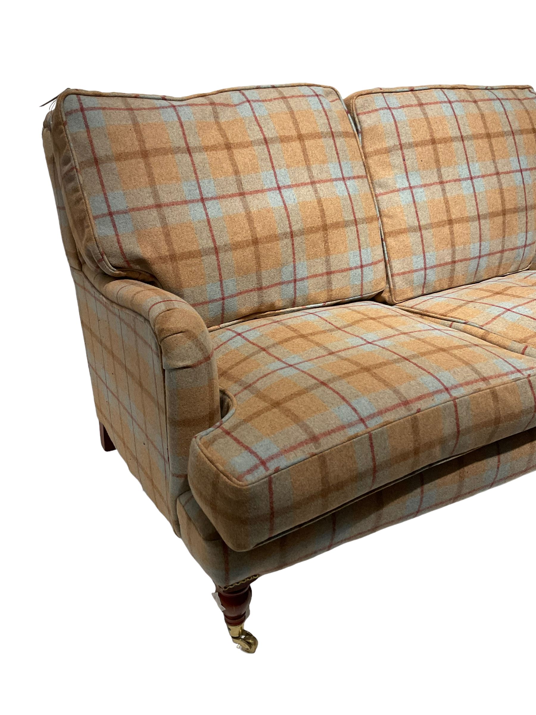 Howard design feather filled tartan pattern two seat sofa on Victorian style turned legs with castor - Image 3 of 5