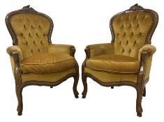 Pair late 20th century French style armchairs with cresting rail carved with leafed scroll