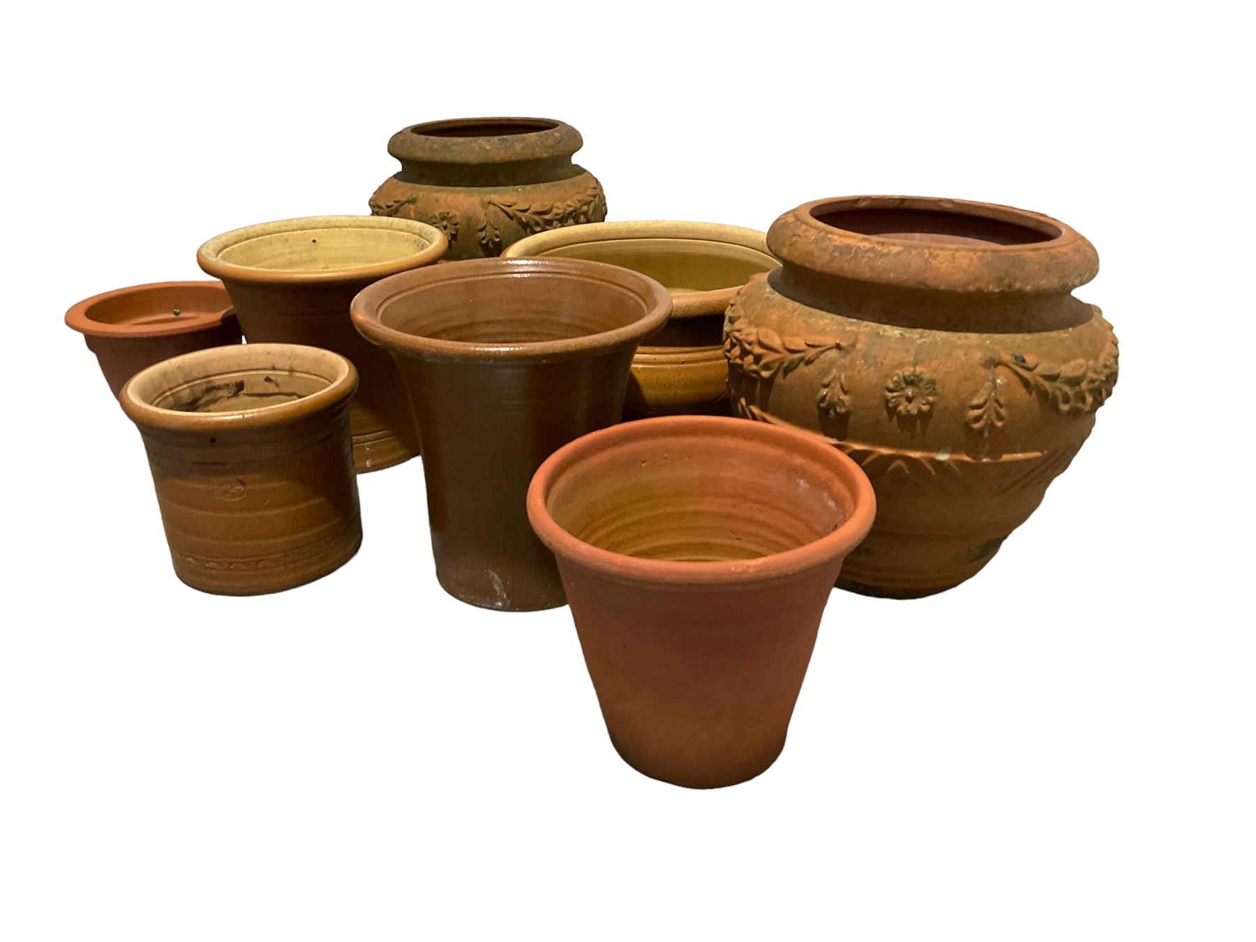 Collection of garden planters and plant pots - pair terracotta bowl shaped planters decorated with f - Image 3 of 3