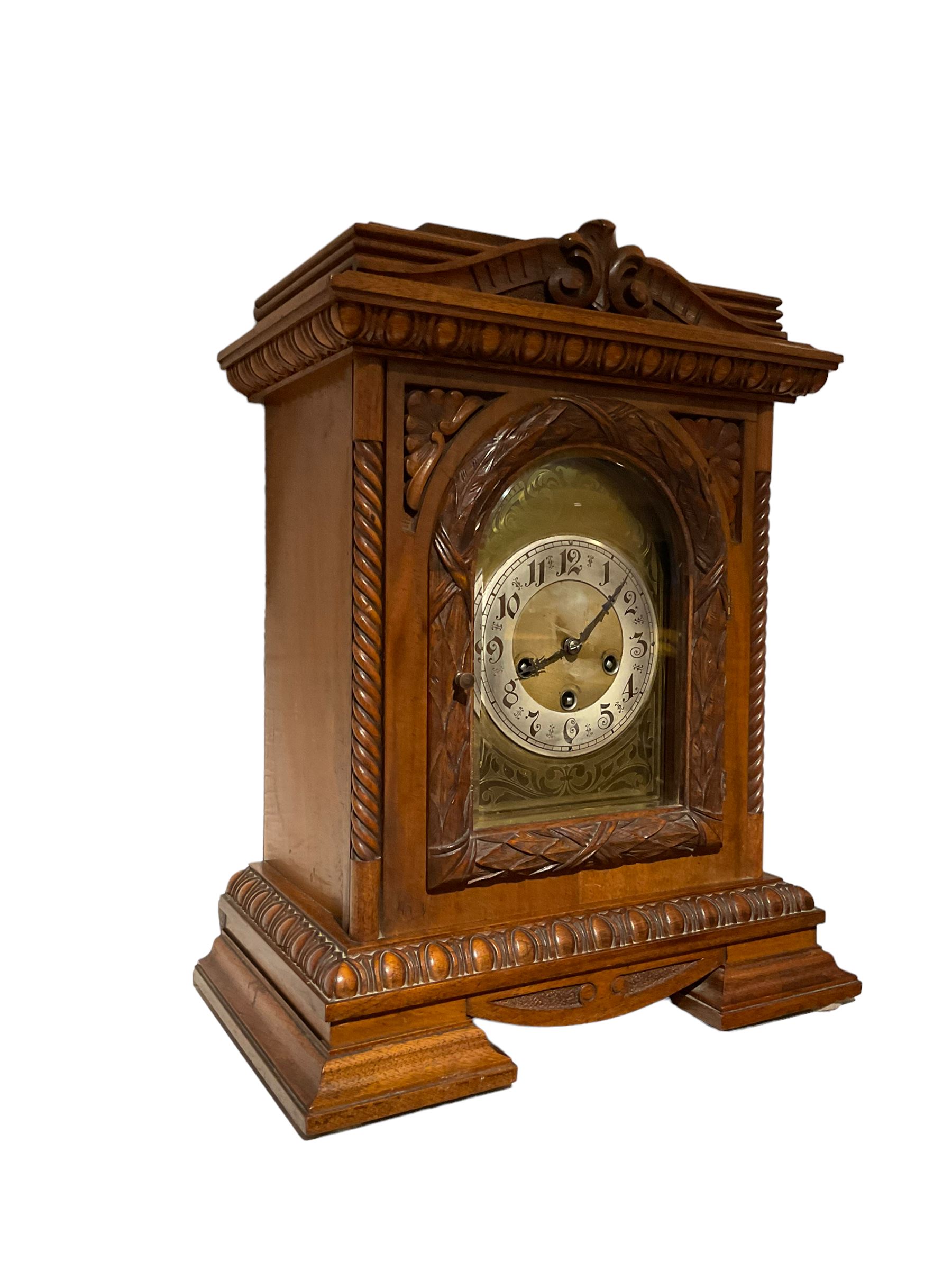 German - early 20th century 8-day chiming mantle clock in a carved oak case - Image 2 of 3