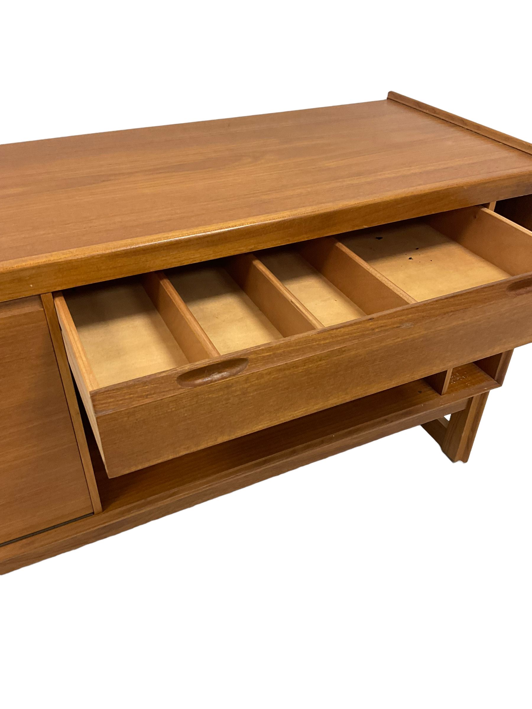 20th century teak record cabinet the rectangular top over one drawer and vinyl cupboard raised on sq - Image 4 of 5