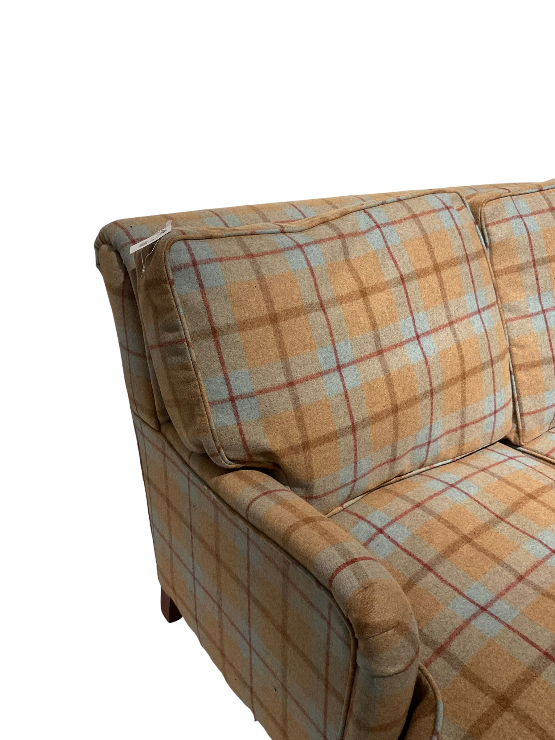 Howard design feather filled tartan pattern two seat sofa on Victorian style turned legs with castor - Image 5 of 5