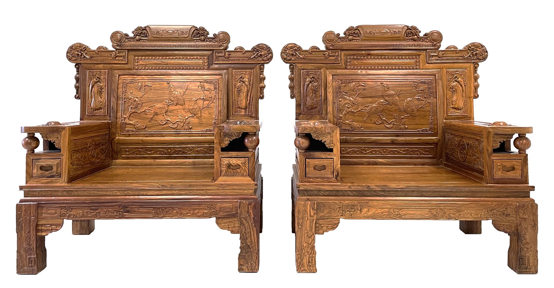 Pair Chinese Imperial style hardwood throne chairs