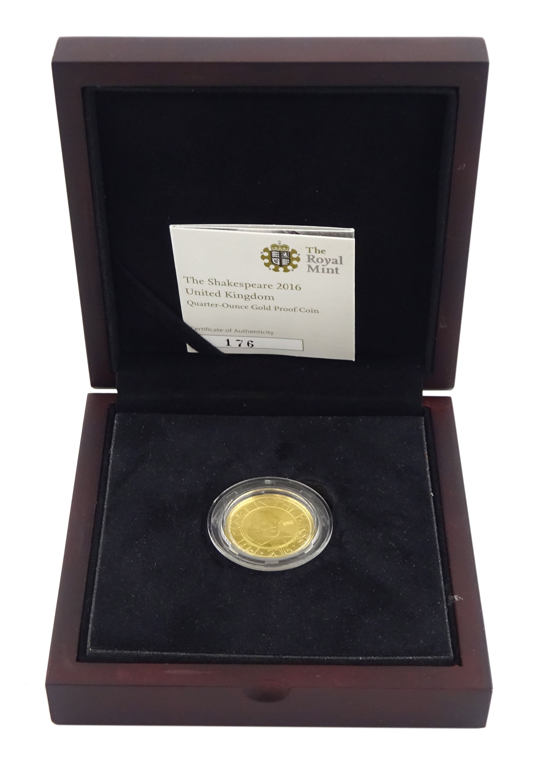 Queen Elizabeth II 2016 'Shakespeare' gold proof quarter ounce twenty five pounds coin