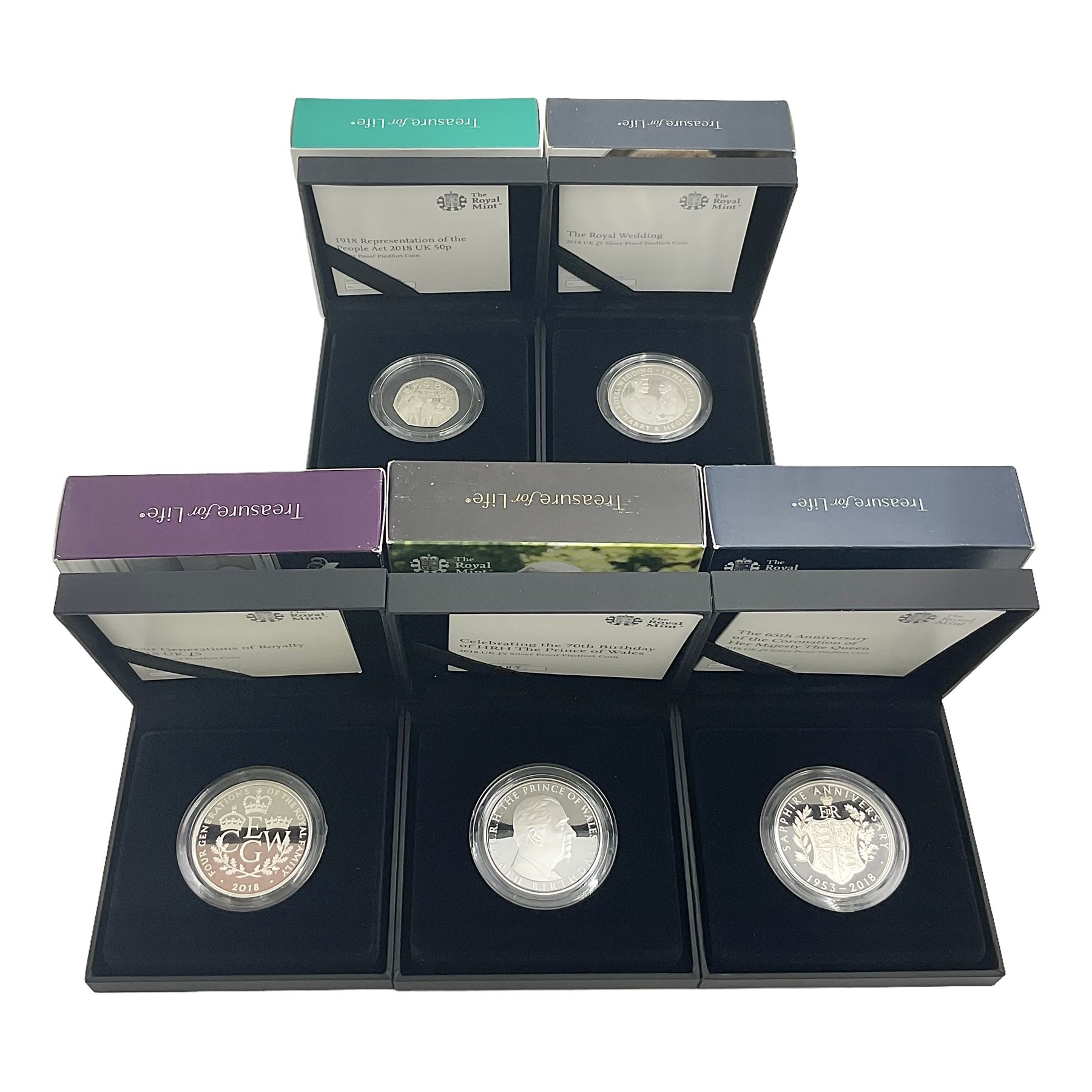 Five The Royal Mint United Kingdom 2018 silver proof piedfort five pound coins