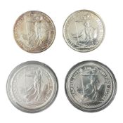 Four Queen Elizabeth II one ounce fine silver Britannia two pound coins