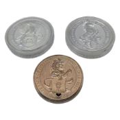 Three Queen Elizabeth II two ounce fine silver five pound coins