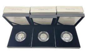 Three The Royal Mint United Kingdom 2021 silver proof piedfort fifty pence coins