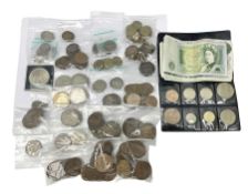 Coins and banknotes including five Queen Victoria silver sixpence coins dated 1894