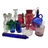 Group of glassware to include a pair of early 20th century wrythen glass vases with silver mounts