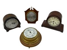 Two 20th cent mantle clocks and two aneroid barometers.