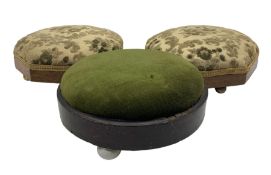 Pair of octagonal walnut footstools on brass bun supports L27cm and another foot stool (3)