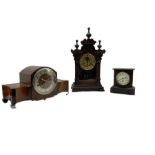 Three mantle clocks comprising an American shelf clock with a visible escapement