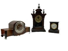 Three mantle clocks comprising an American shelf clock with a visible escapement