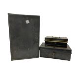 Two early 20th century black japanned deed boxes and a similar 19th century safe